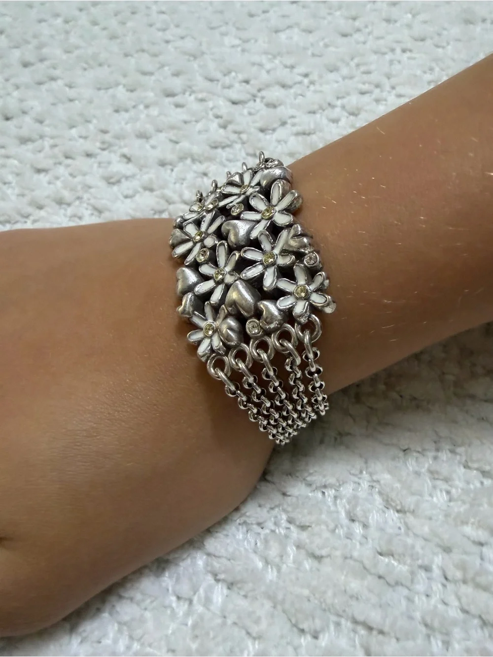 Brighton Multi-Chain Flowers and Hearts Bracelet Silver Tone